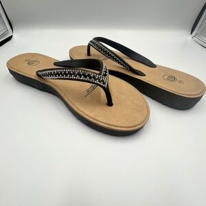 Women's Black Rhinestone Jelly Flip Flops Sandals Size 7/8 Comfort Thong